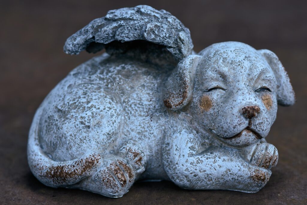 Close-up of a stone dog angel sculpture with wings, conveying a serene and peaceful atmosphere.